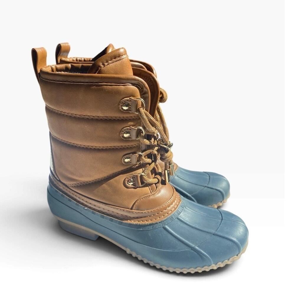 Tommy Hilfiger Women’s 8M Duck Boots Brown Navy Blue Lace Up Winter Rain Boots